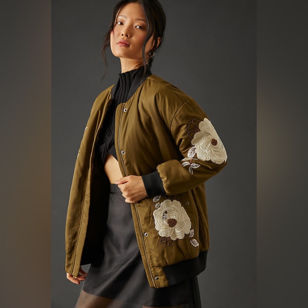 NWT Maeve Embroidered Bomber Jacket (Green)